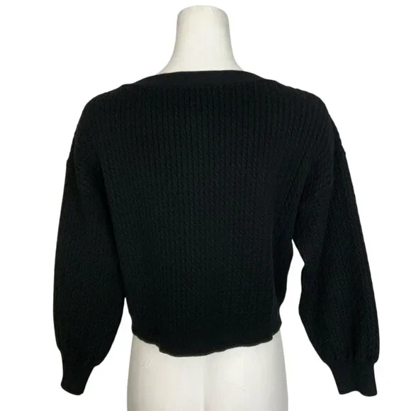 Alice + Olivia Zelina Deep V Cardigan Sweater M Black Cropped Cable Knit - Picture 2 of 12